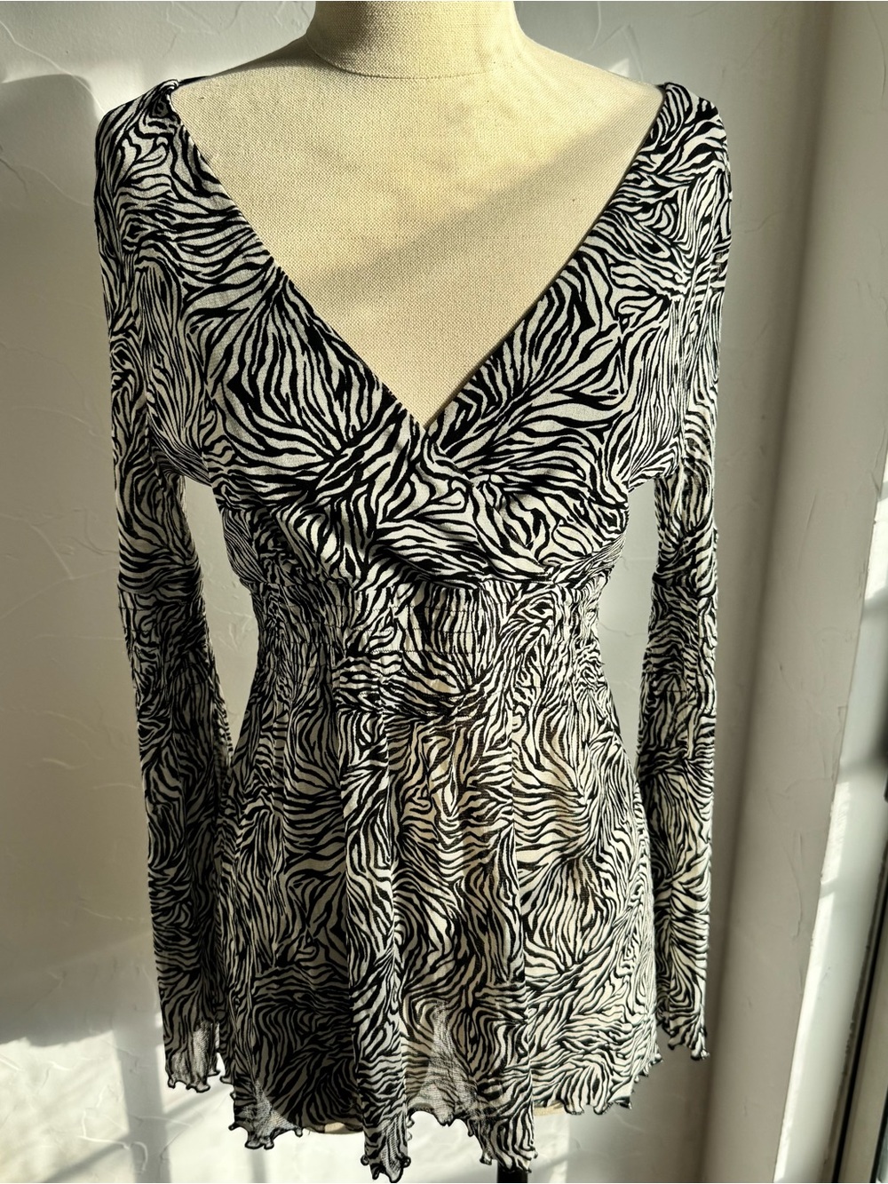 Y2K BCBGMAXAZRIA Sheer Zebra Print Bell Sleeve Top